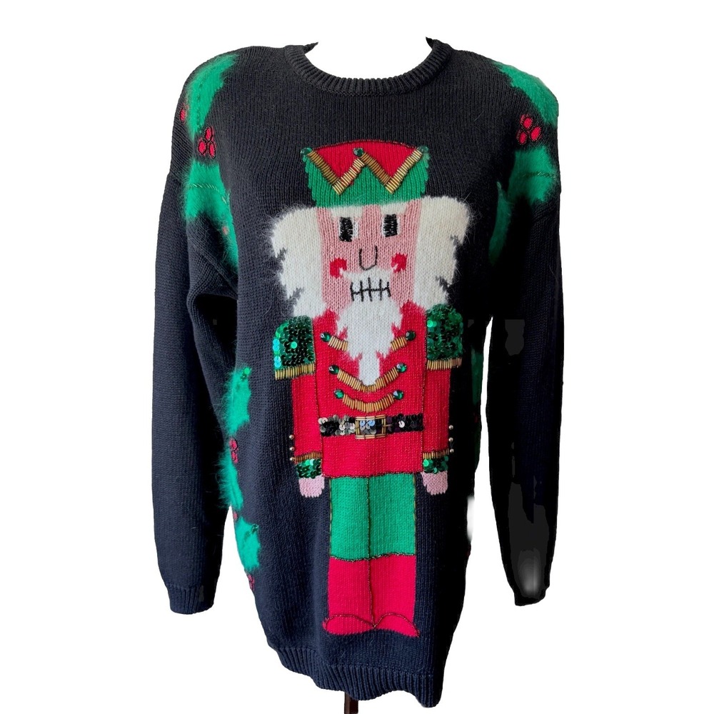 Vintage IB Diffusion Nutcracker Beaded Christmas Sweater Cardigan Holiday L